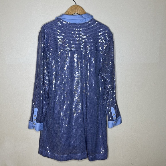 Pilcro Long Sleeve Sequin Mini Shirt Dress Blue Womens Size XL Collard Neckline - Picture 10 of 12